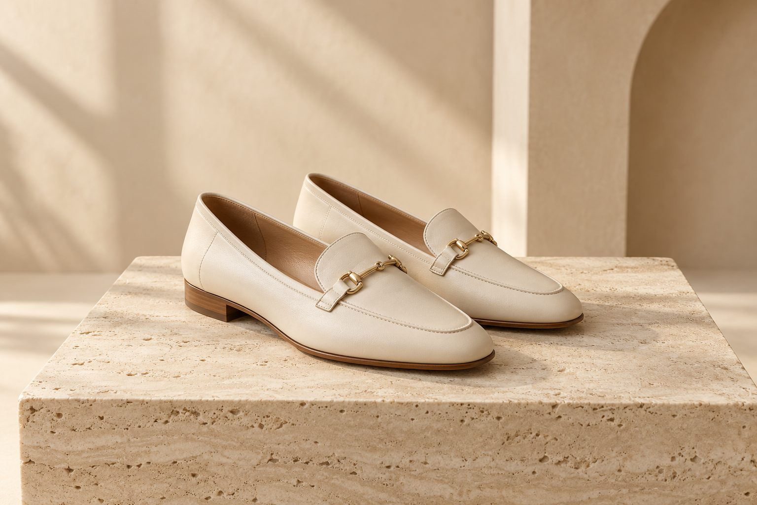 Beiger Damen-Loafer in sommerlicher Editorialszene
